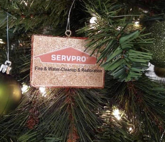 green Christmas tree with two round ornaments and one SERVPRO logo ornament